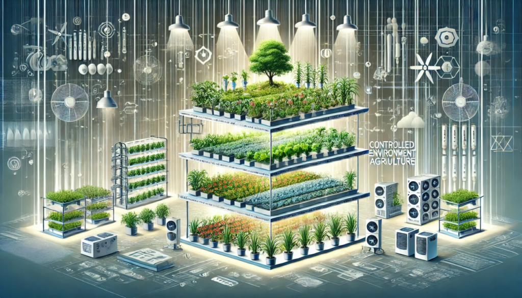 Vertical farming setup in an urban environment, showcasing vertically stacked crops under LED lights